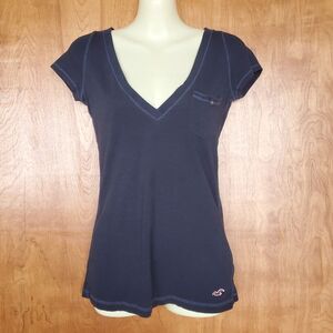 Hollister Deep V Neck T Shirt Navy Blue Size S Baby Pocket Tee Y2K Bella Swan